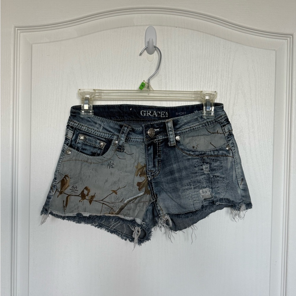 Grace Women's Distressed Denim Shorts with camo accents